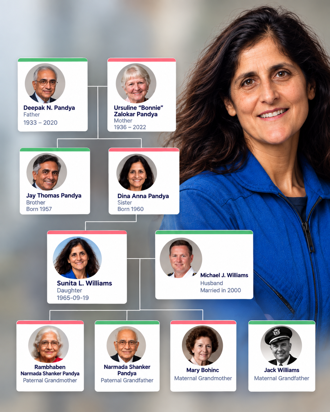 Sunita Williams family tree showing her parents Deepak N. Pandya and Ursuline Bonnie Pandya, siblings Jay Thomas Pandya and Dina Anna Pandya, husband Michael J. Williams, and family ancestry
