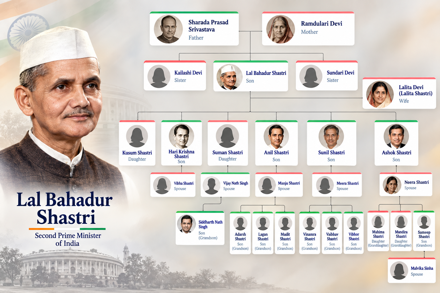 Lal Bahadur Shastri family tree showing his parents Sharada Prasad Srivastava and Ramdulari Devi, siblings, wife Lalita Devi, children, and family descendants