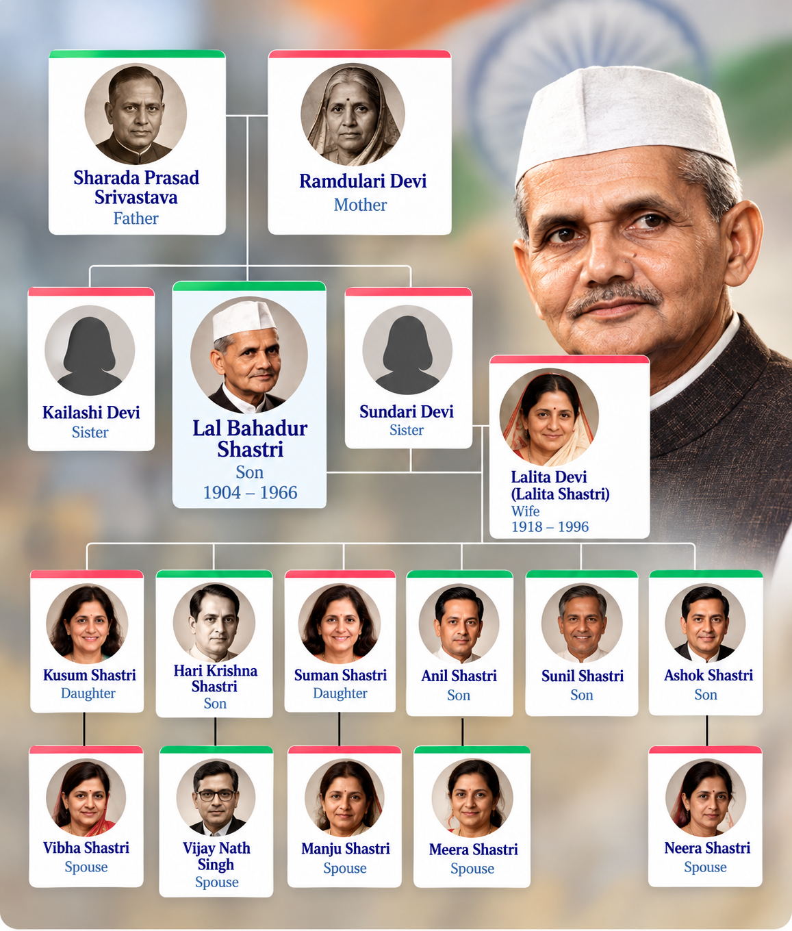 Lal Bahadur Shastri family tree showing his parents Sharada Prasad Srivastava and Ramdulari Devi, siblings, wife Lalita Devi, children, and family descendants