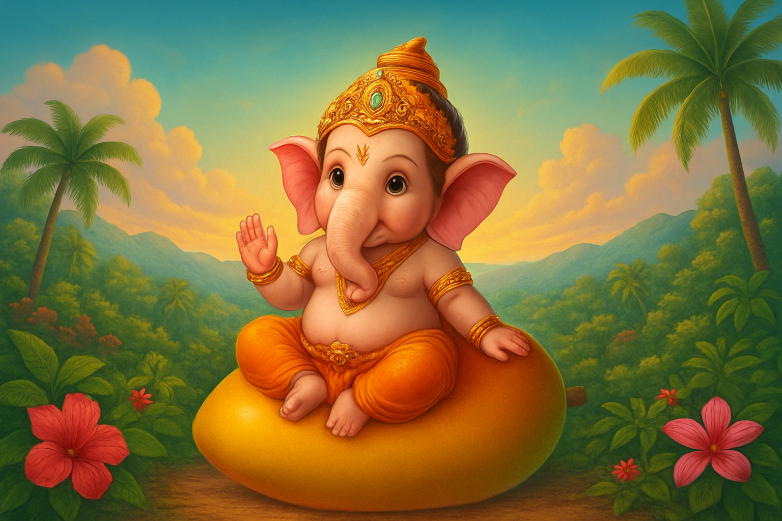 Family tree of Lord Ganesha showing Shiva, Parvati, Kartikeya, Ashoka Sundari, Jyoti, Mansa, Ganesha with Riddhi, Siddhi, and their children Shubh and Labh