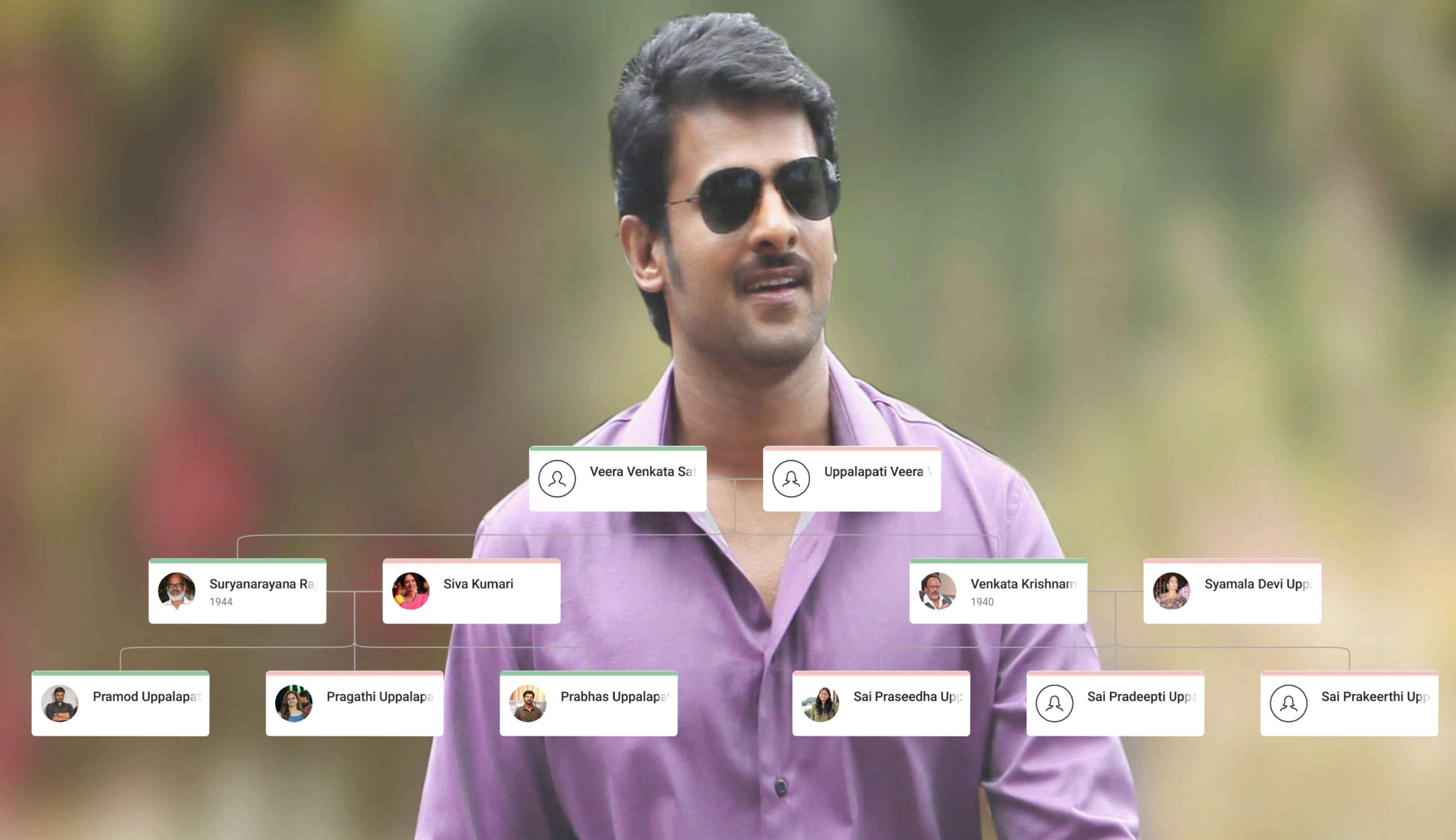 Uppalapati Venkata Suryanarayana Prabhas Raju Family Tree showing family members including Suryanarayana Raju, Venkata Krishnam Raju, and their descendants